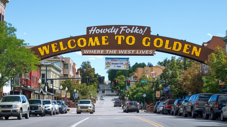 The "Welcome to Golden" sign over Golden, Colorado's main street