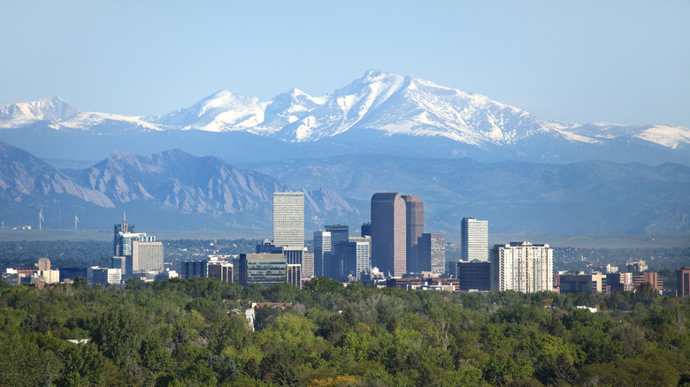 Denver skyline with Front Range of Rocky Mountains in the background