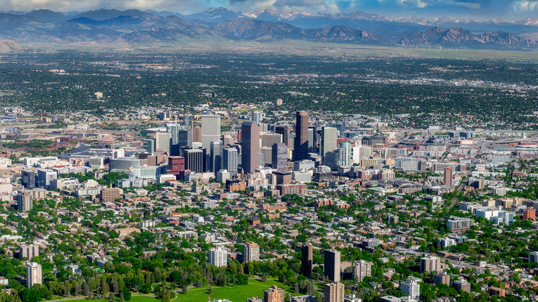 Aeiral view of the Colorado Rocky Mountains beyond downtown Denver