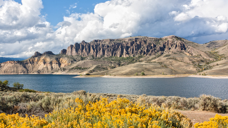Chiseled Dillon Pinnacles rising above Blue Mesa Reservoir in daytime