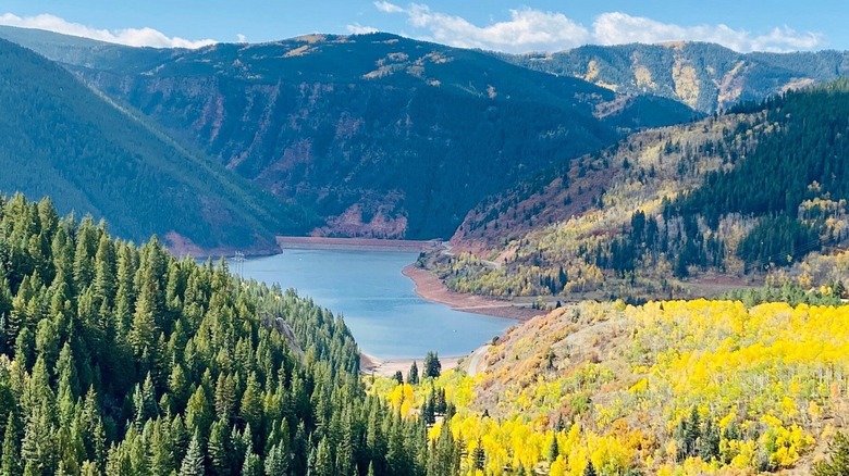 An aerial view of Reudi Reservoir in autumn