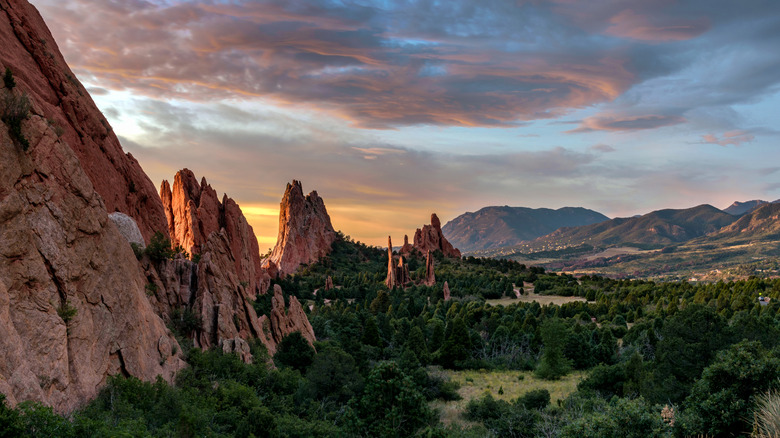 Purple sky during sunrise over The Garden of The Gods near Colorado Springs, Colorado