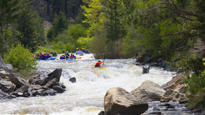 White water rafters on a river in Clear Creek Colorado near Idaho Springs