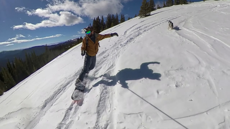 A man snowboarding at Geneva Basin Ski Area while his dog runs behind him