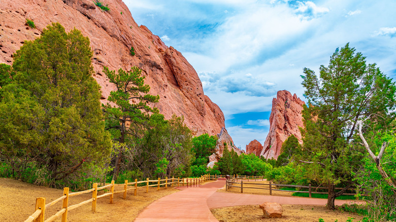 A scenic, paved pathway at Garden of the Gods in Colorado Springs