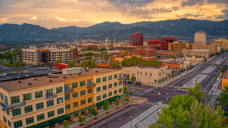 Aerial view of downtown Colorado Springs at dusk