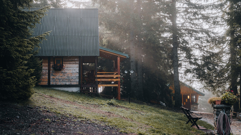 A cabin next to a creek