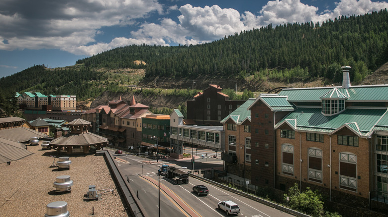 Black Hawk casino resorts and main road on summer day.
