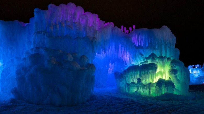 Ice Castles lit up with LED lights at night
