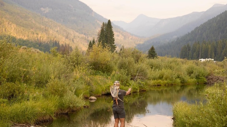 Fishing in the creek at the base of the Rocky Mountains near Eagle, Colorado