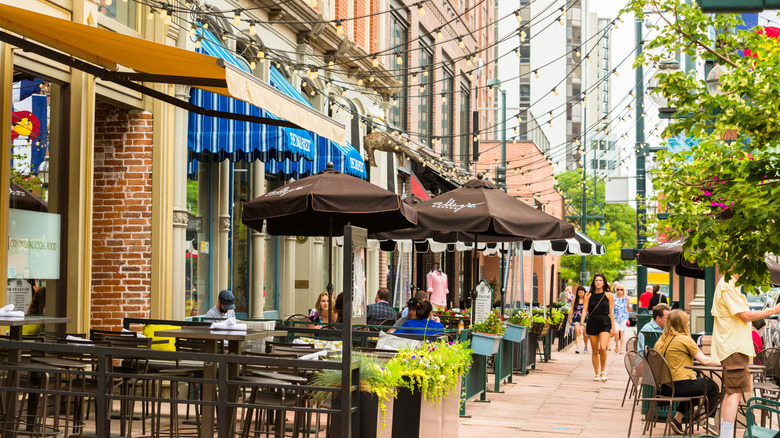 A line of outdoor restaurants in Denver, Colorado