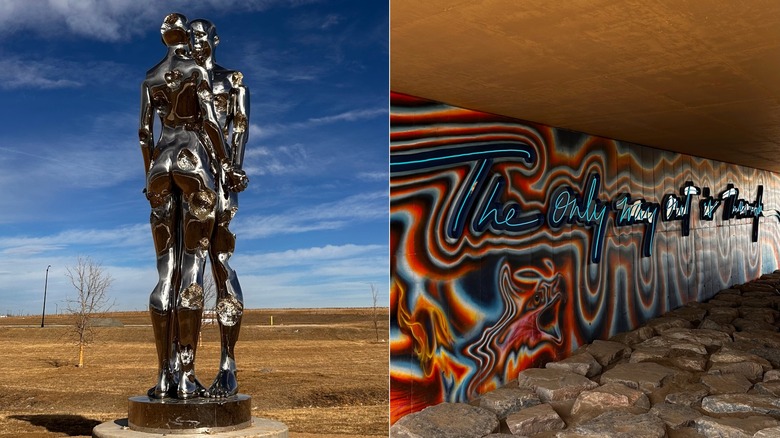 Steel sculpture and mural at Hogan Park in the Aurora Highlands