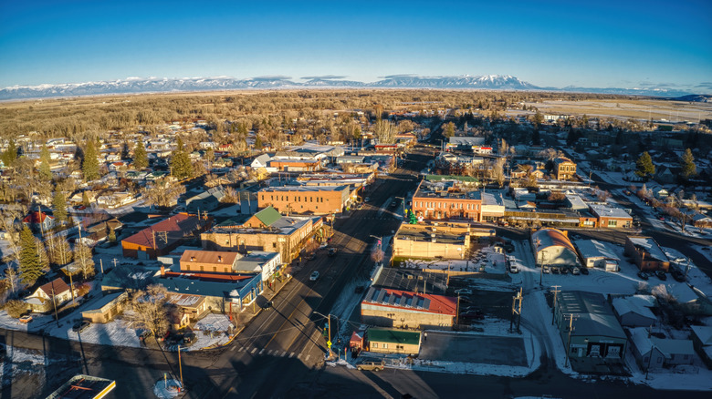 Aerial view of Del Norte, Colorado in winter