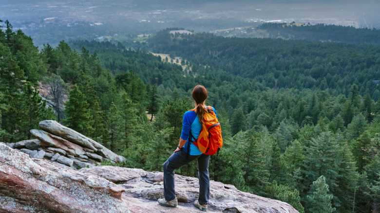 Hiker looking at wilderness from mountain summit