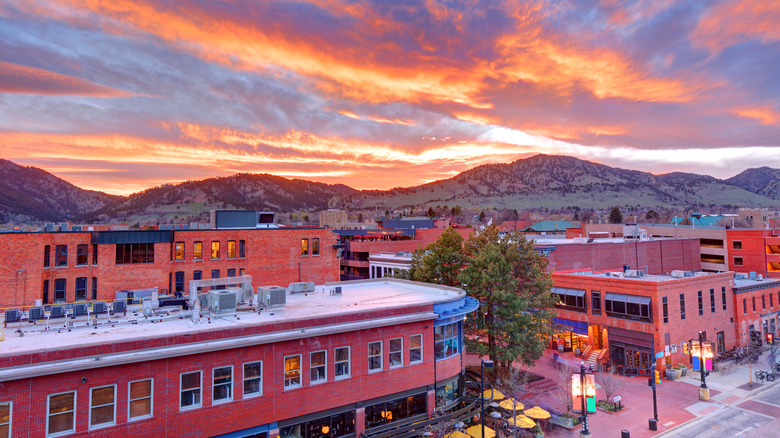 mountains and buildings in Boulder at sunset