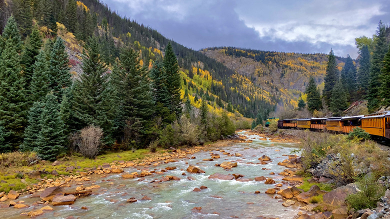 a train winds through a canyon on the way to Silverton, Colorado