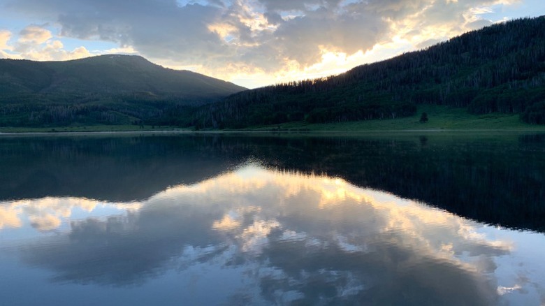 Pearl Lake with mountains in background at sunset