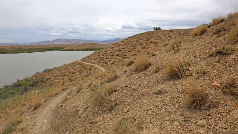 Dry trail beside the lake at Highline Lake State Park, Mesa County, Colorado