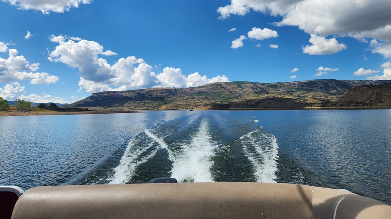 Looking toward the wake of a motor boat in the Blue Mesa Reservoir, Colorado
