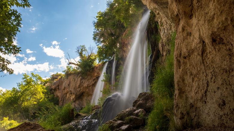 Cascading triple waterfall in Rifle Falls State Park, Colorado.