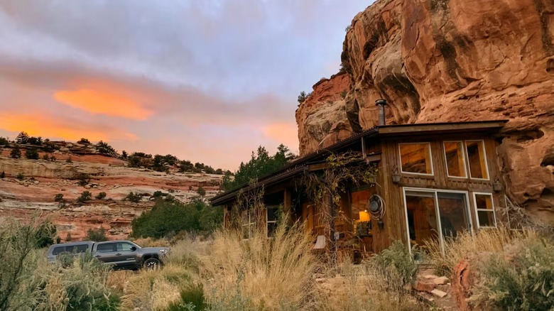 A house built against the cliffside in Cortez, Colorado