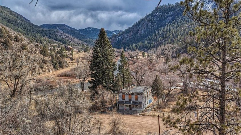 Aerial view of the abandoned South Platte Hotel in Conifer, Colorado