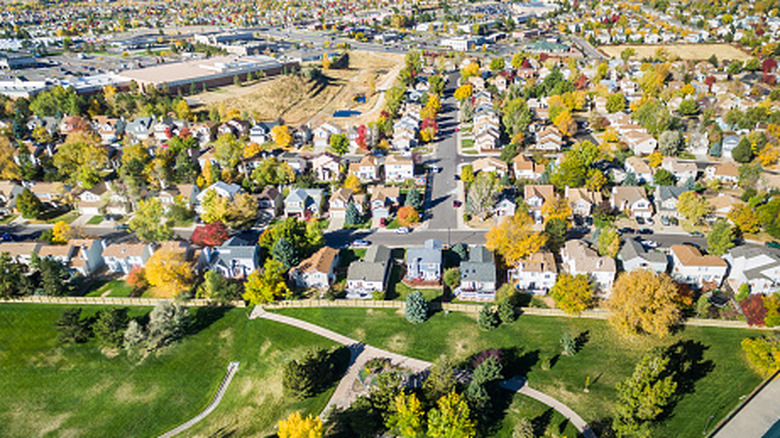 Houses line streets and park in Aurora suburbs just outside Denver