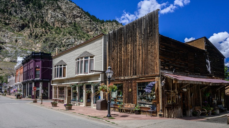 The facades of historic buildings in Georgetown, Colorado on a sunny day