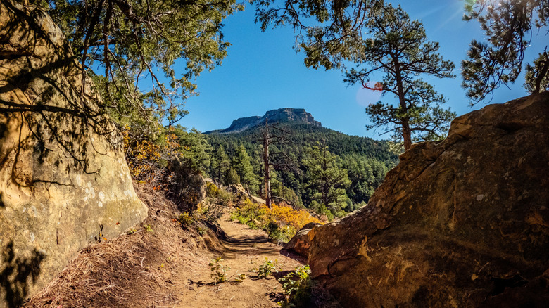 Fisher's Peak from between two boulders on the trail, Fisher's Peak State Park, Colorado