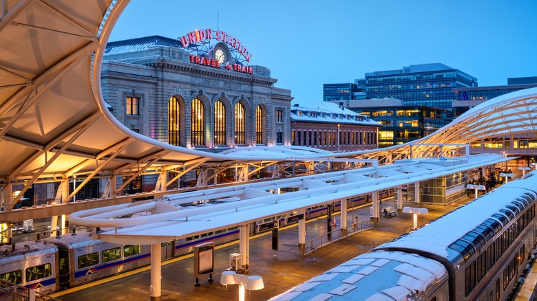 View of Denver's Union Station with snowy train cars