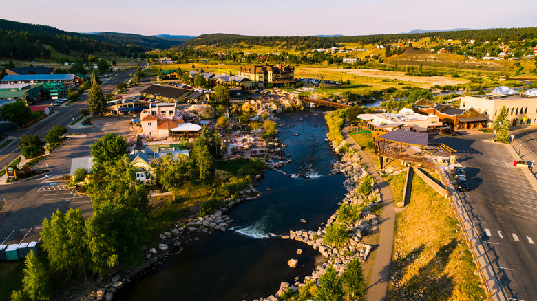 The town and landscape of Pagosa Springs, Colorado, at sunrise