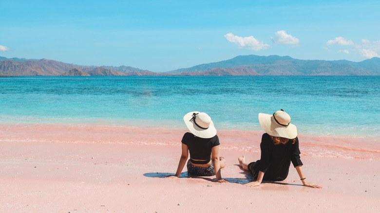 Female travelers enjoying a pink sand beach