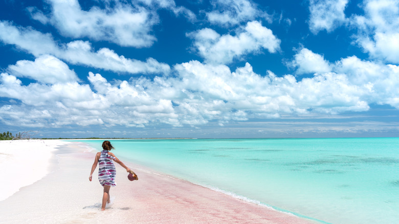 A woman walking along Harbour Island's Pink Sands Beach