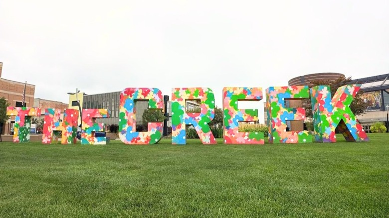 Colorfully painted letters spell out "The Creek" on a grassy field in Battle Creek, Michigan.