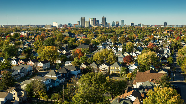 arial image of the downtown Columbus skyline and surrounding suburbs