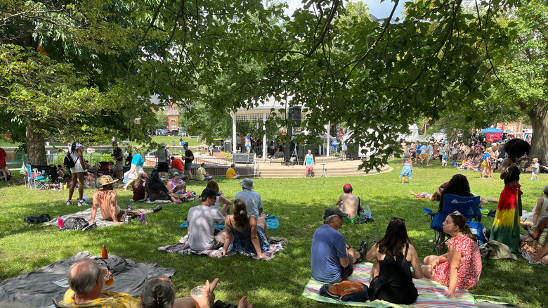 People picnicking and hanging out on grass in University District park