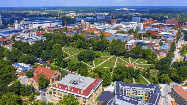 Oval park view with trees and campus buildings surrounding it
