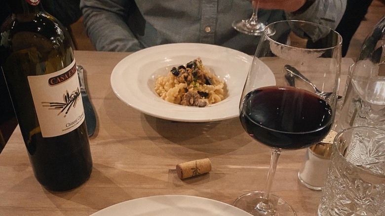 Fresh pasta dish and red wine from Pelino's