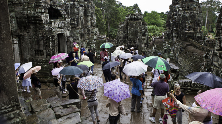 Sudden rain in Anchor Wat Temple complex in Cambodia