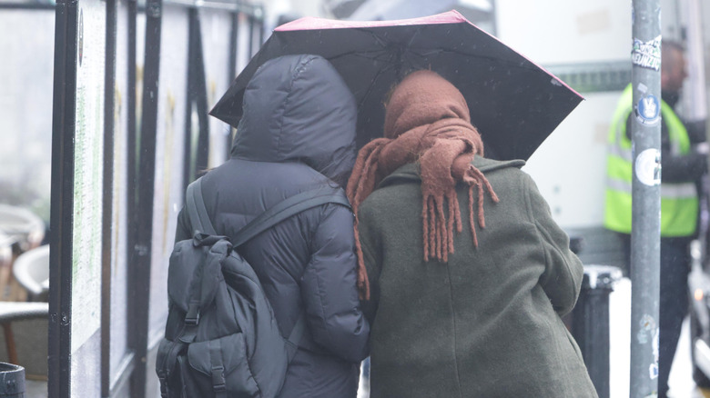 Two women seen from behind sharing an umbrella on a wet afternoon in Dublin, Ireland