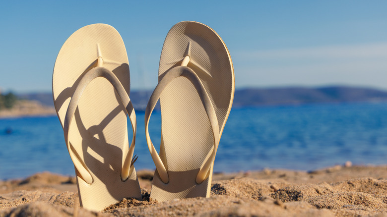 Flip flops sticking out of the sand with the sea in the background