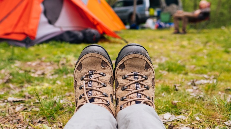 Hiking boots at a campsite
