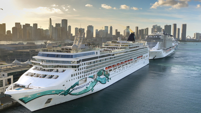 Cruise ships at dock near a major city