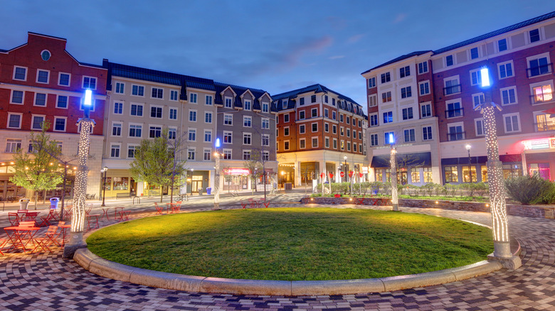 Downtown Storrs, Connecticut, with shops and buildings at sunset