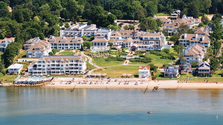 Aerial view of Water's Edge Hotel on the beach in Westbrook