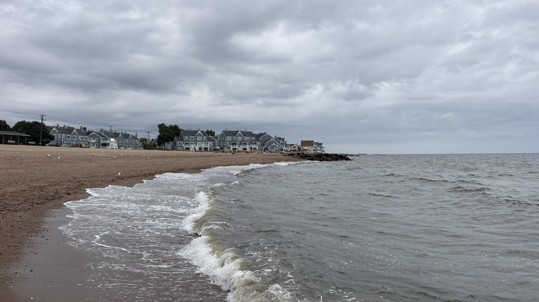 Crashing waves on an overcast day at Cosey Beach in East Haven, Connecticut