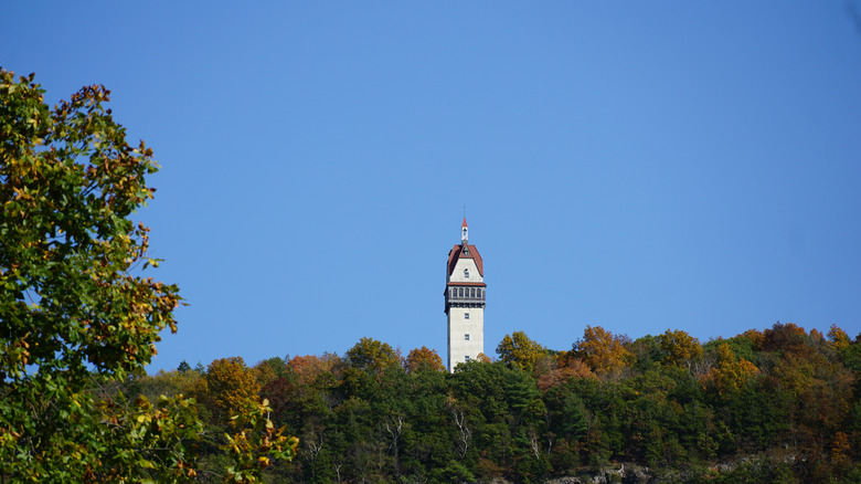 Heublein Tower stands taller than field of trees in Talcott Mountain State Park
