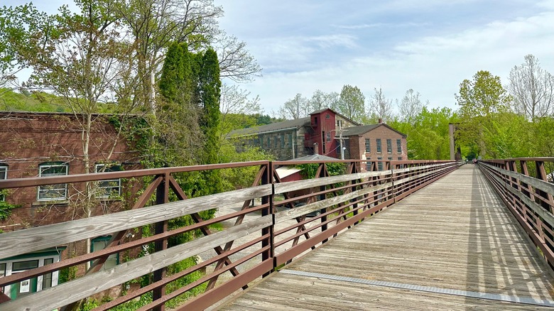 A bridge running over the Farmington River in Collinsville, Connecticut