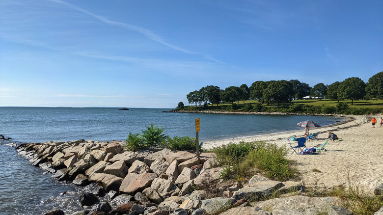 Hole in the Wall Beach in Niantic, Connecticut, is sheltered by a jetty