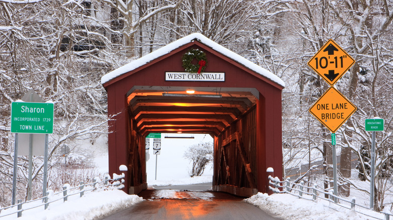 The West Cornwall Covered Bridge in the snow near Mohawk Mountain, Connecticut